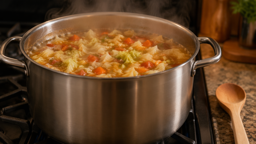 Pot of cabbage soup simmering on the stove