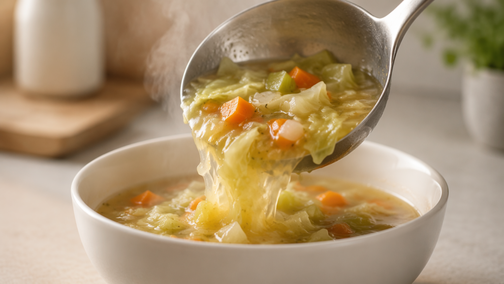 Ladling cabbage soup into a bowl