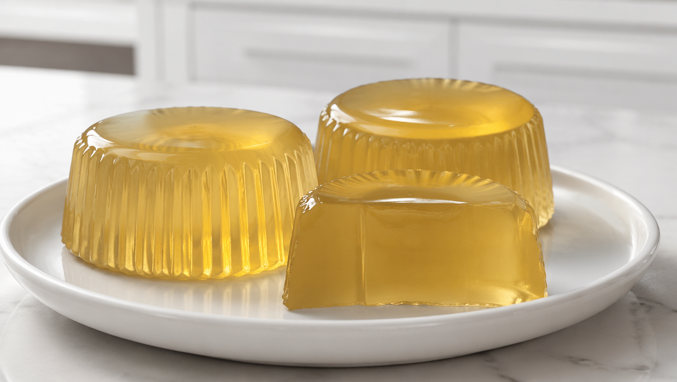 Bariatric gelatin recipe bites on a plate, high-protein weight loss snack recipe card