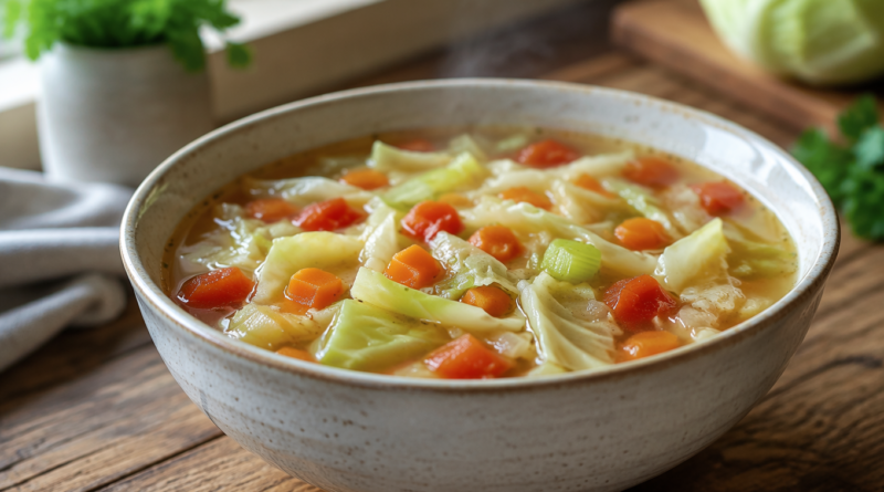Bowl of cabbage soup diet soup with vegetables on a wooden table