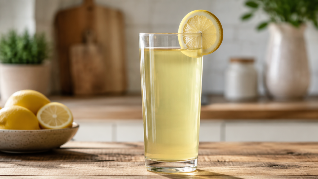 Glass of lemonade diet master cleanse drink with lemon slices on a wooden table