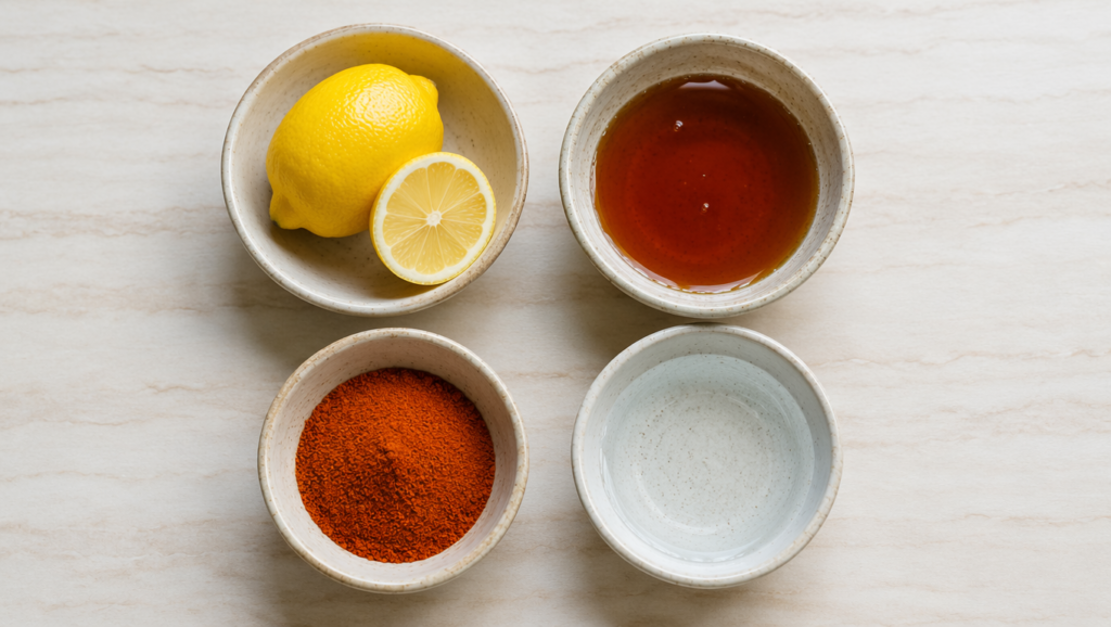 Flat lay of lemons, maple syrup, cayenne pepper, and water in separate bowls