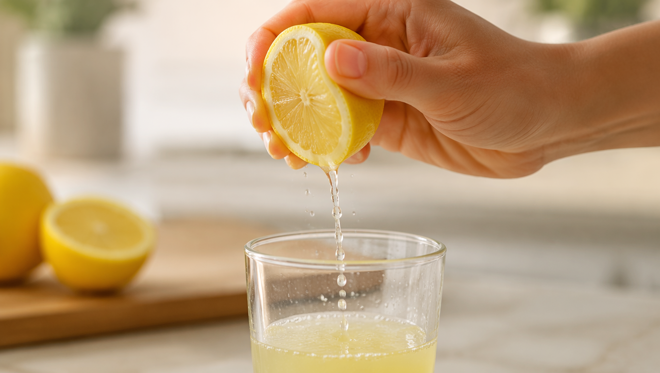 Squeezing fresh lemon juice into a glass