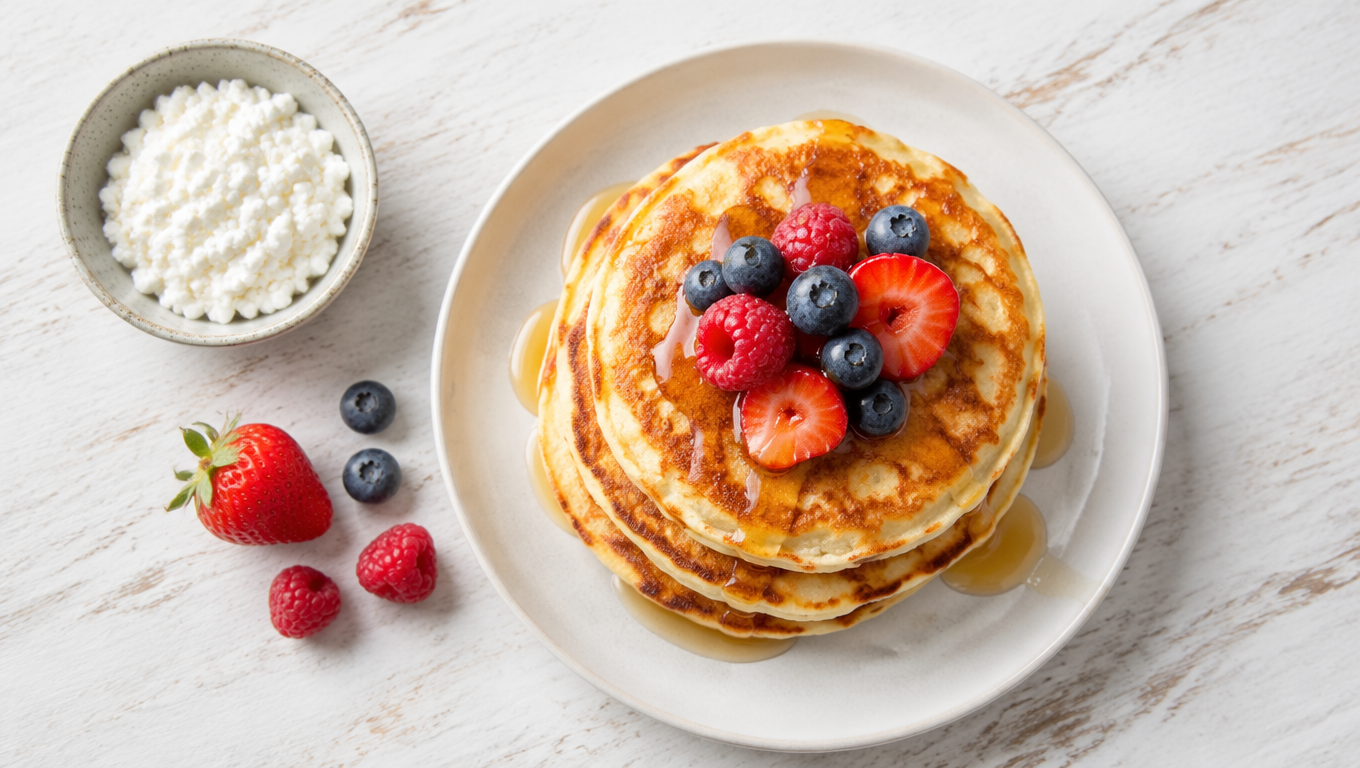 Cottage cheese pancakes with berries, WPRM recipe card image