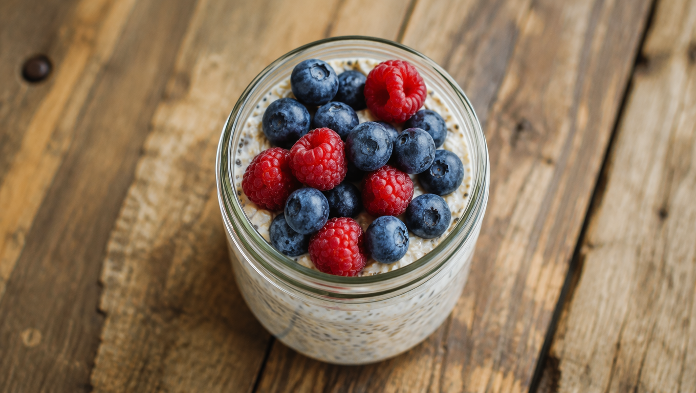 Jar of overnight oats with chia seeds and berries on a wooden table