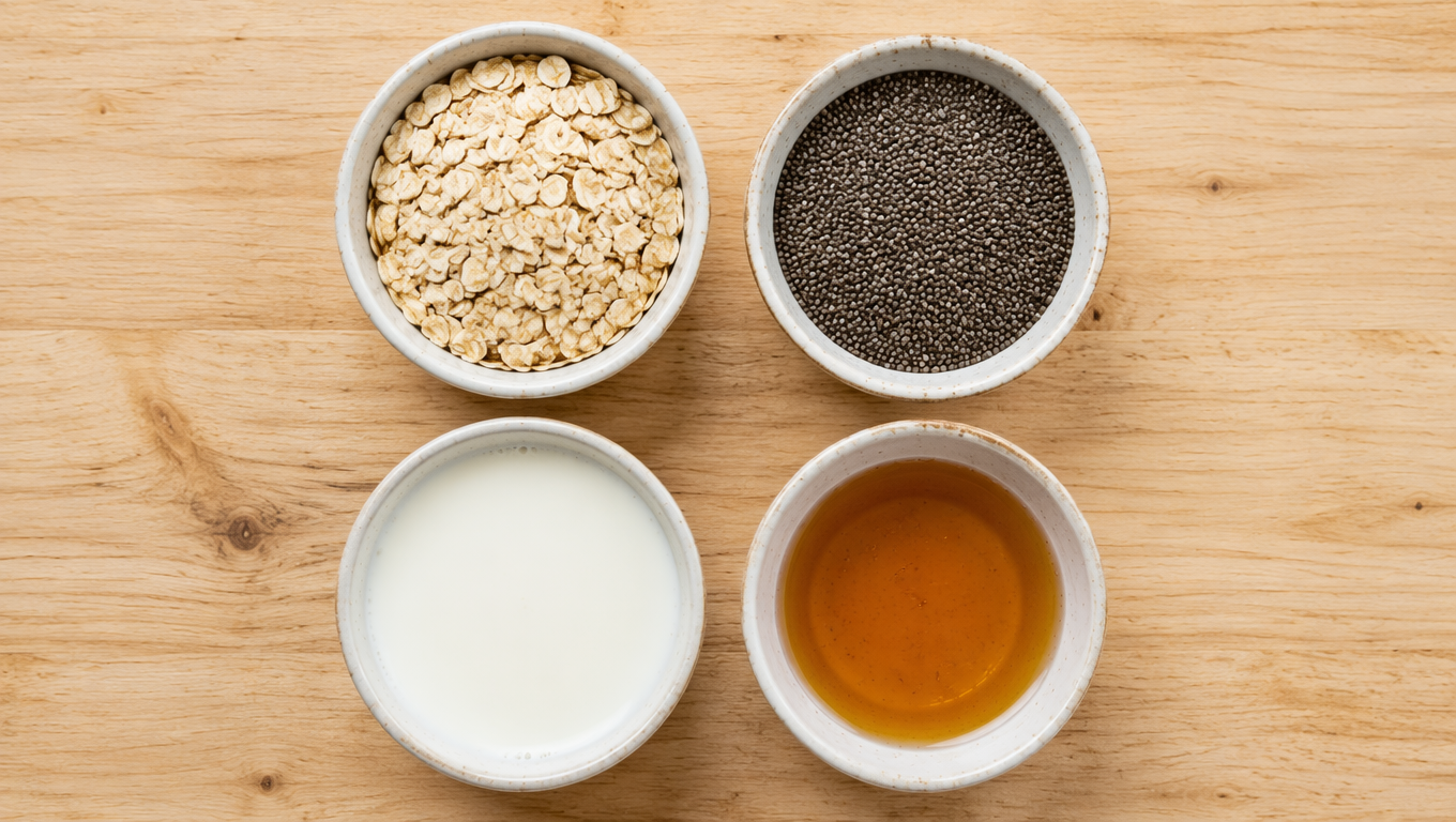 Flat lay of oats, chia seeds, milk, and maple syrup in separate bowls