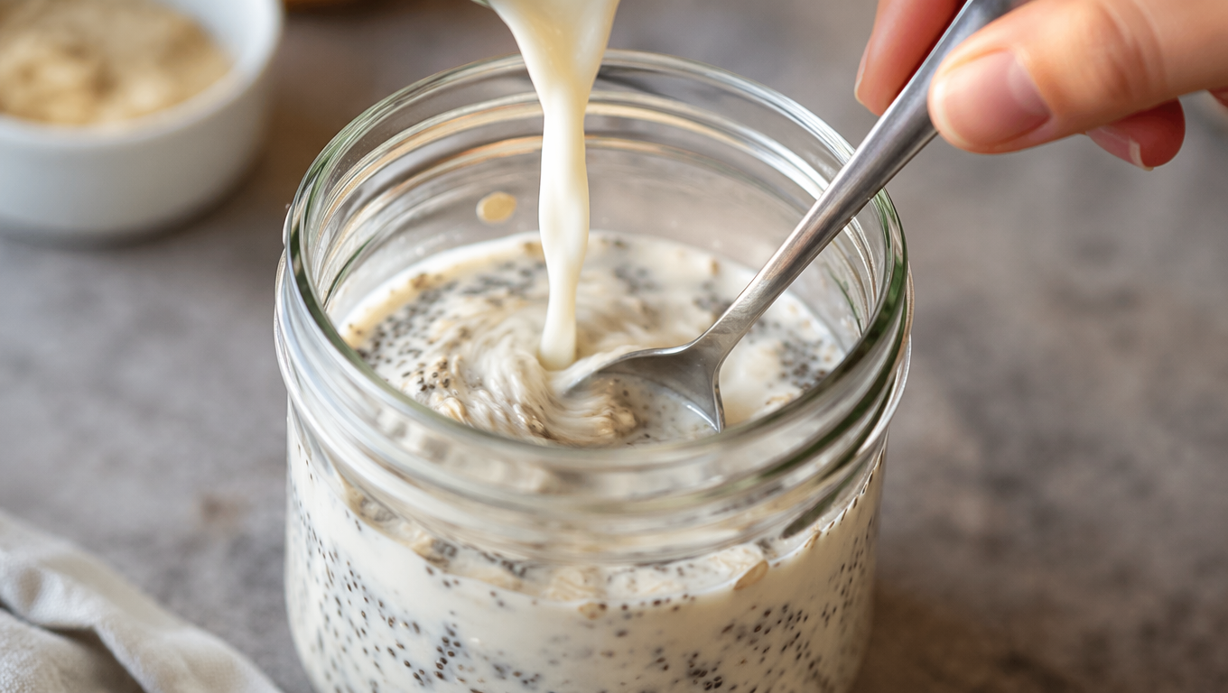 Stirring milk into a jar of overnight oats