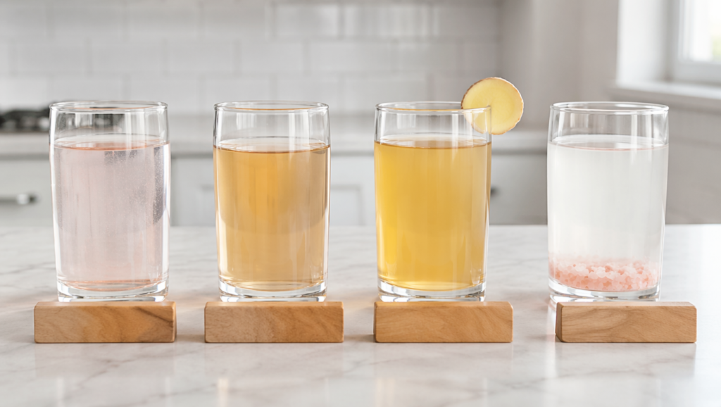 pink salt trick variations side by side: classic, ACV, ginger, and sole water versions