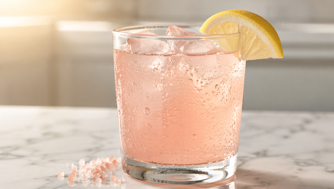Pink salt trick drink with lemon wedge, recipe card for weight loss trend