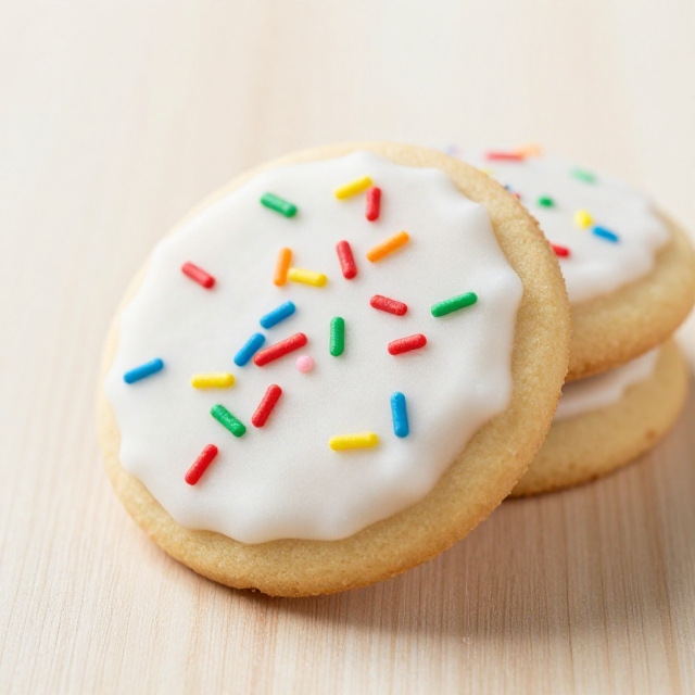 Frosted sugar cookie with sprinkles stacked with two more cookies