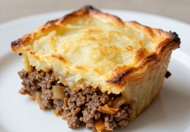 Easy shepherd's pie recipe cut into a portion showing beef filling and mashed potato topping