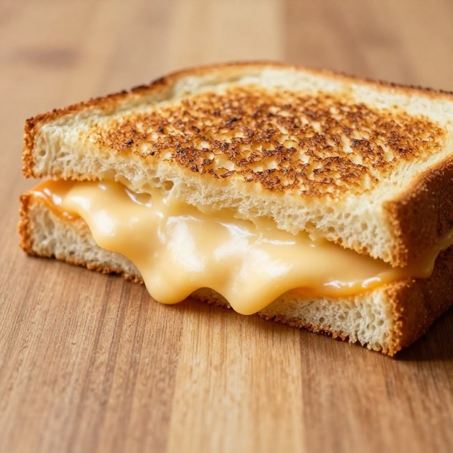 Grilled cheese sandwich half with melty cheese pull on a wooden surface