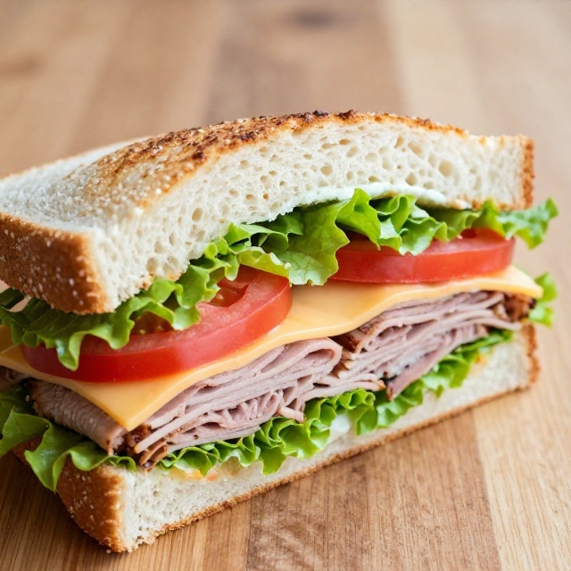 Classic sandwich half showing layered fillings on a wooden surface