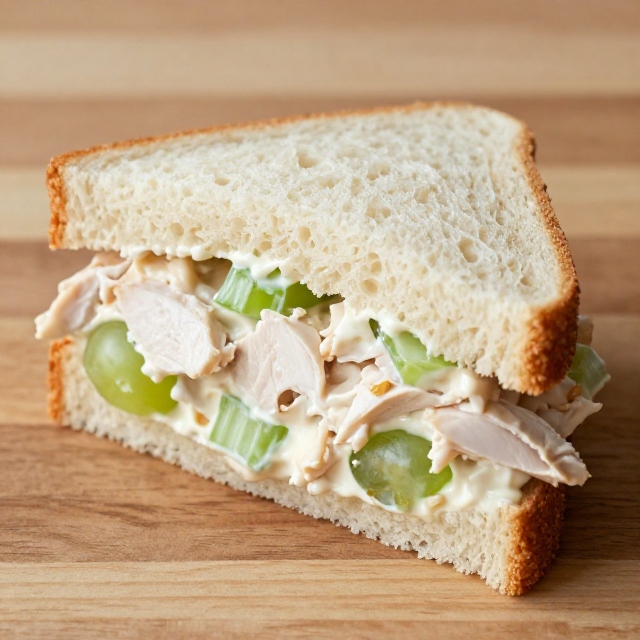 Chicken salad sandwich half with celery and grapes on a wooden surface