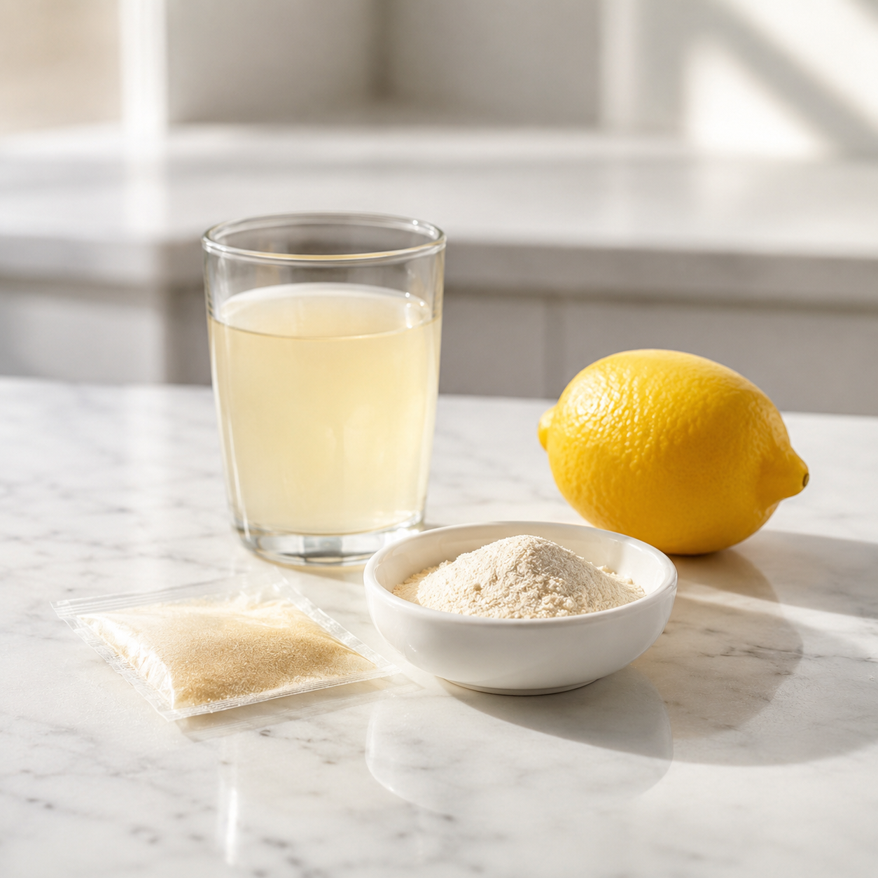 Ingredients for bariatric gelatin recipe including unflavored gelatin and clear protein powder.

