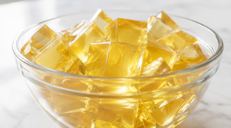 Bariatric gelatin recipe for weight loss served in a glass bowl on a white marble counter