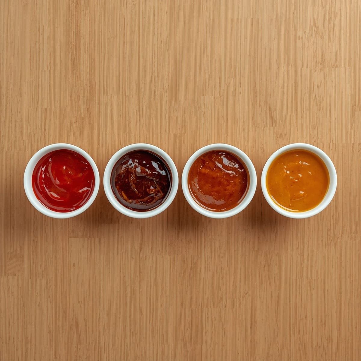 Four small bowls of different meatloaf glazes