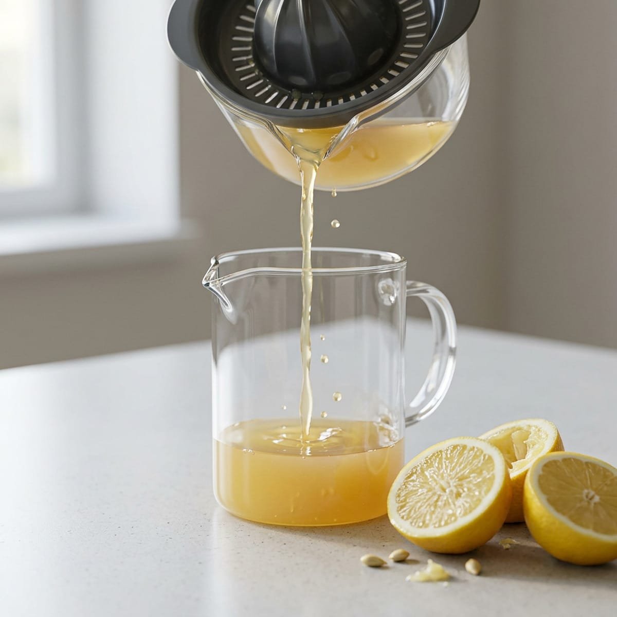 Pouring fresh lemon juice into a pitcher