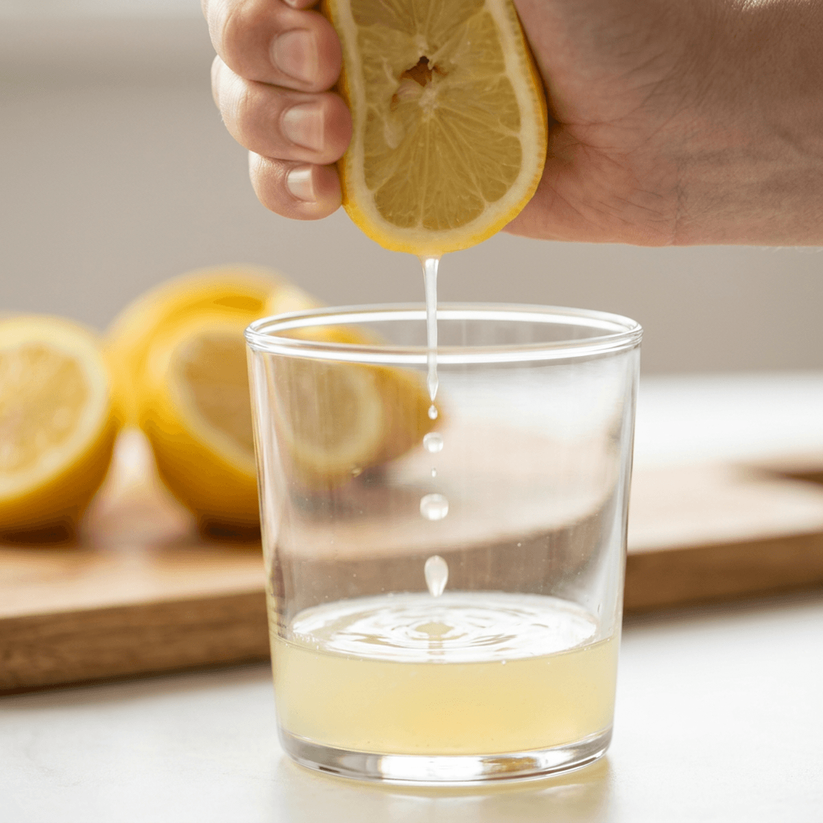 Squeezing fresh lemon juice into a glass

