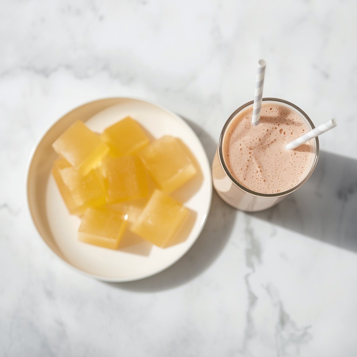 gelatin weight loss cubes next to a collagen protein drink
