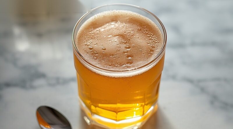 Glass of golden gelatin drink for the gelatin trick weight loss method