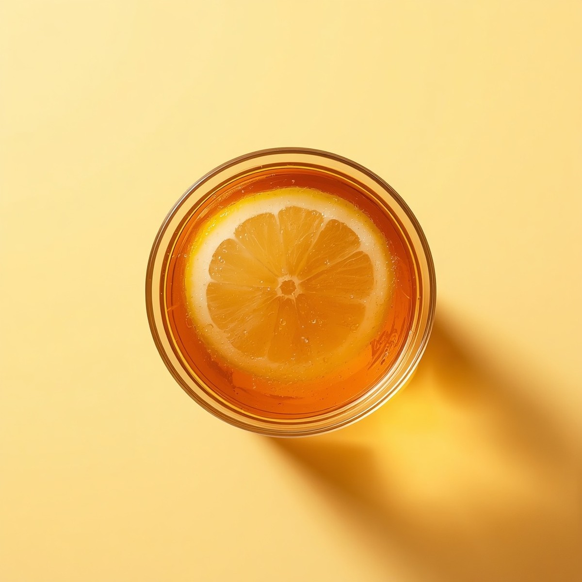 Gelatin trick drink in a glass with a lemon slice, warm golden color