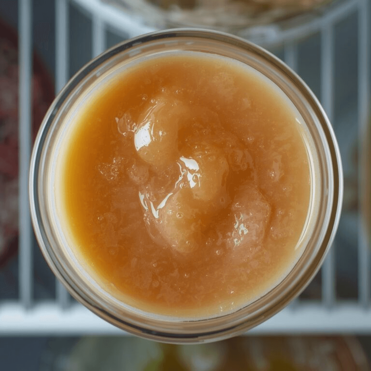 Gelatin blooming in a glass jar, absorbed and swollen before dissolving