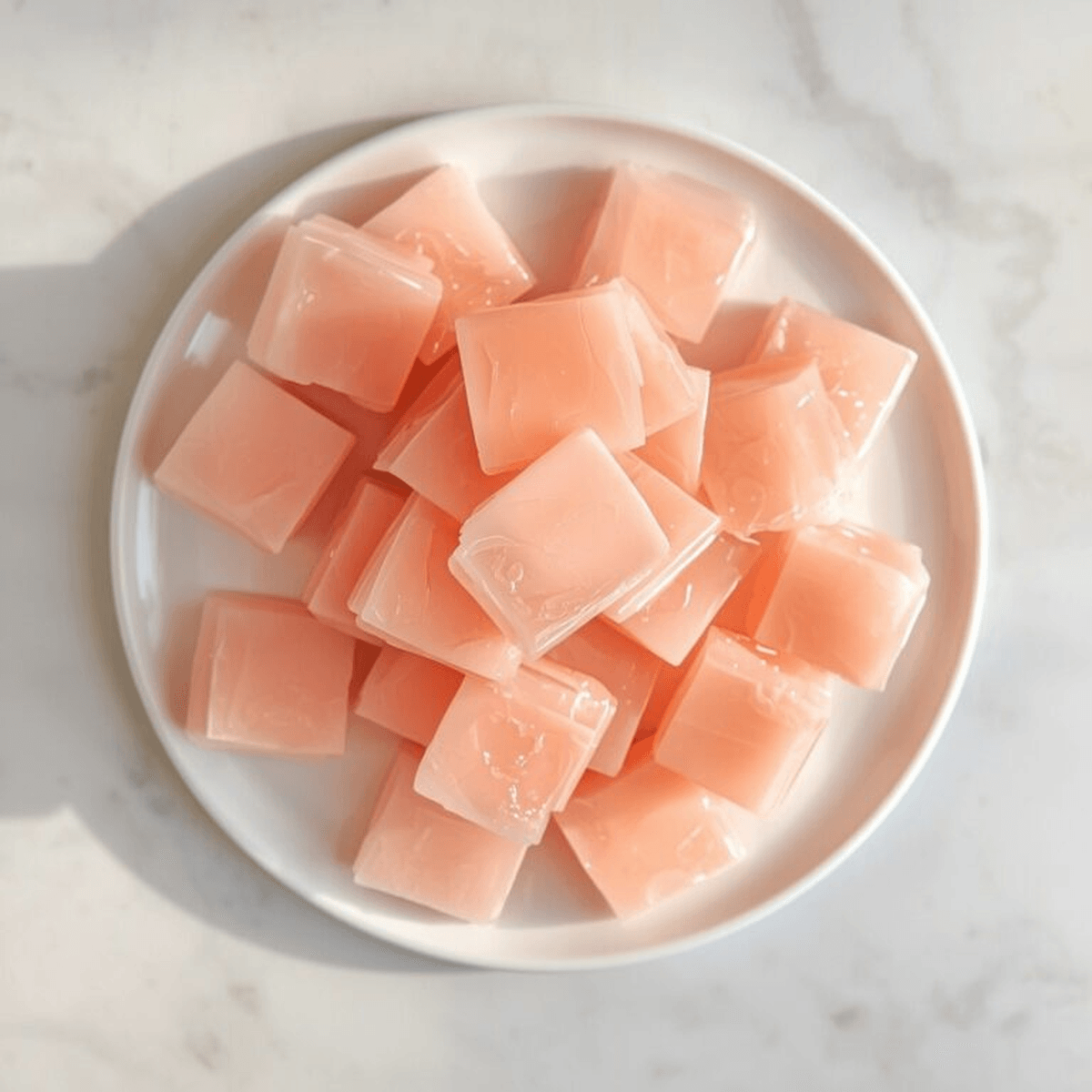 Pink gelatin cut into cubes and piled on a white plate