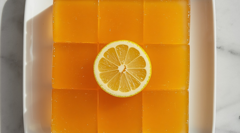 Gelatin weight loss recipe sliced into cubes on a white plate with a lemon slice on top