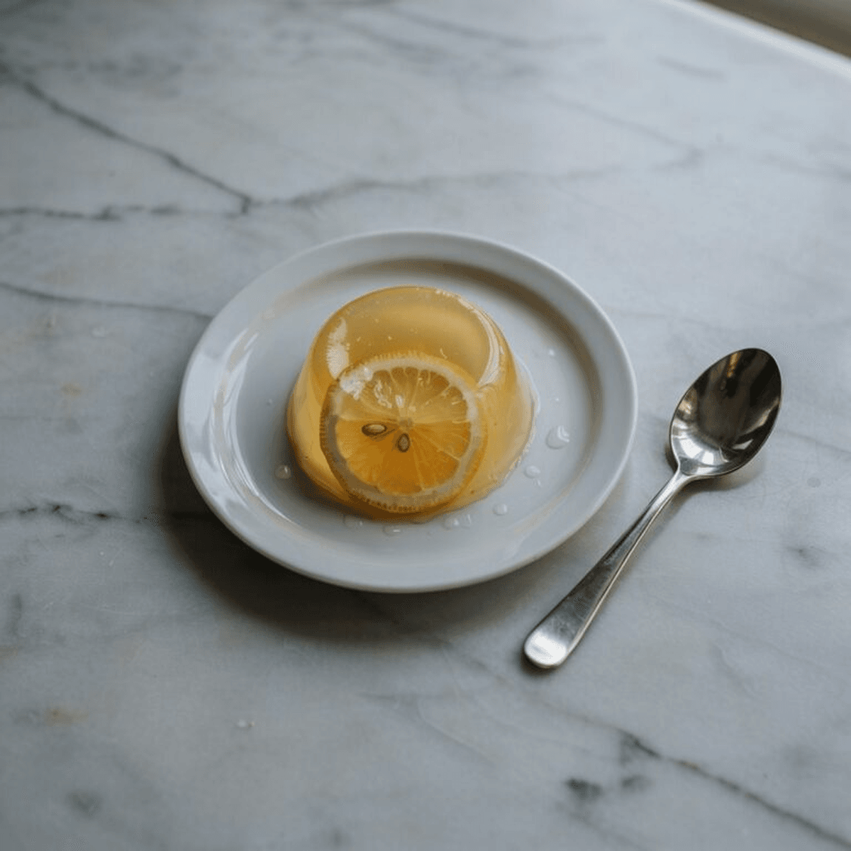 Lemon gelatin dessert unmolded on a white plate with a lemon slice, served with a spoon