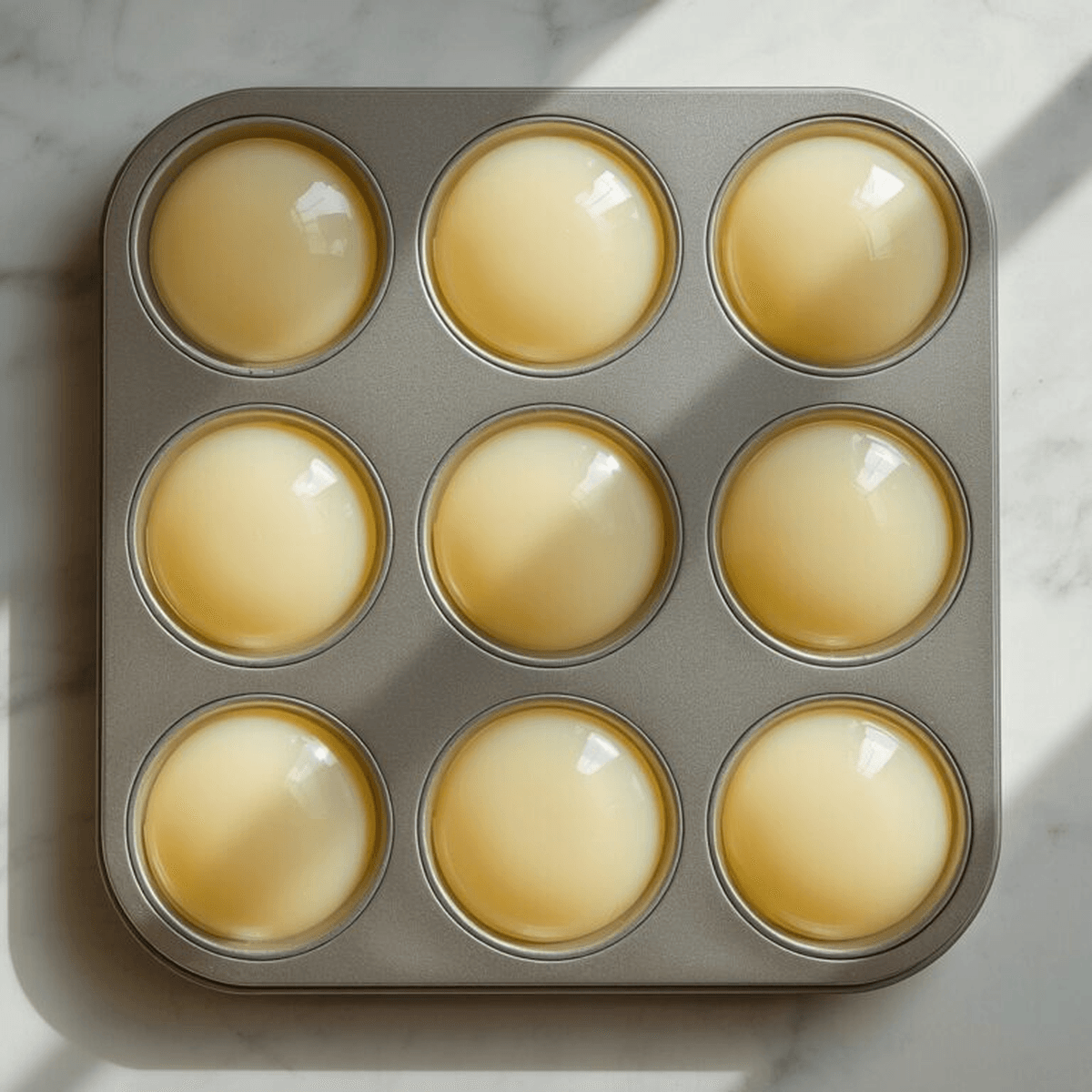 Nine portions of gelatin setting in a muffin tin, unmolded and ready to chill