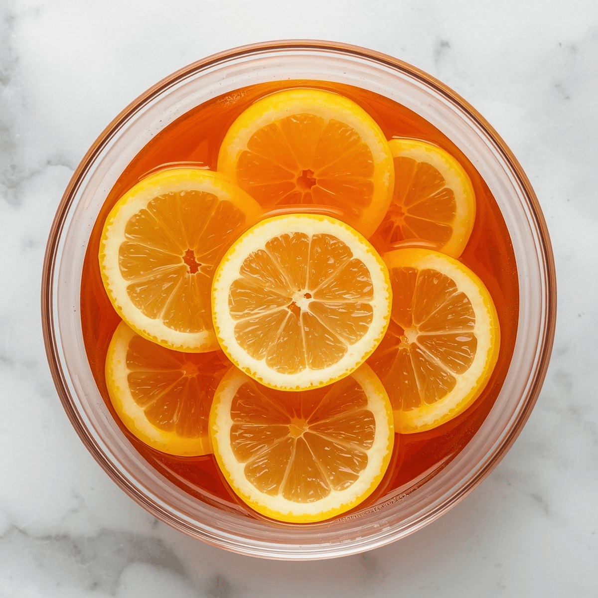 Overhead shot of set gelatin studded with lemon slices in a glass bowl