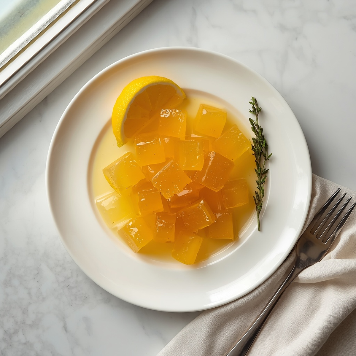 Set gelatin cubes on a plate with lemon and thyme, styled for the recipe card