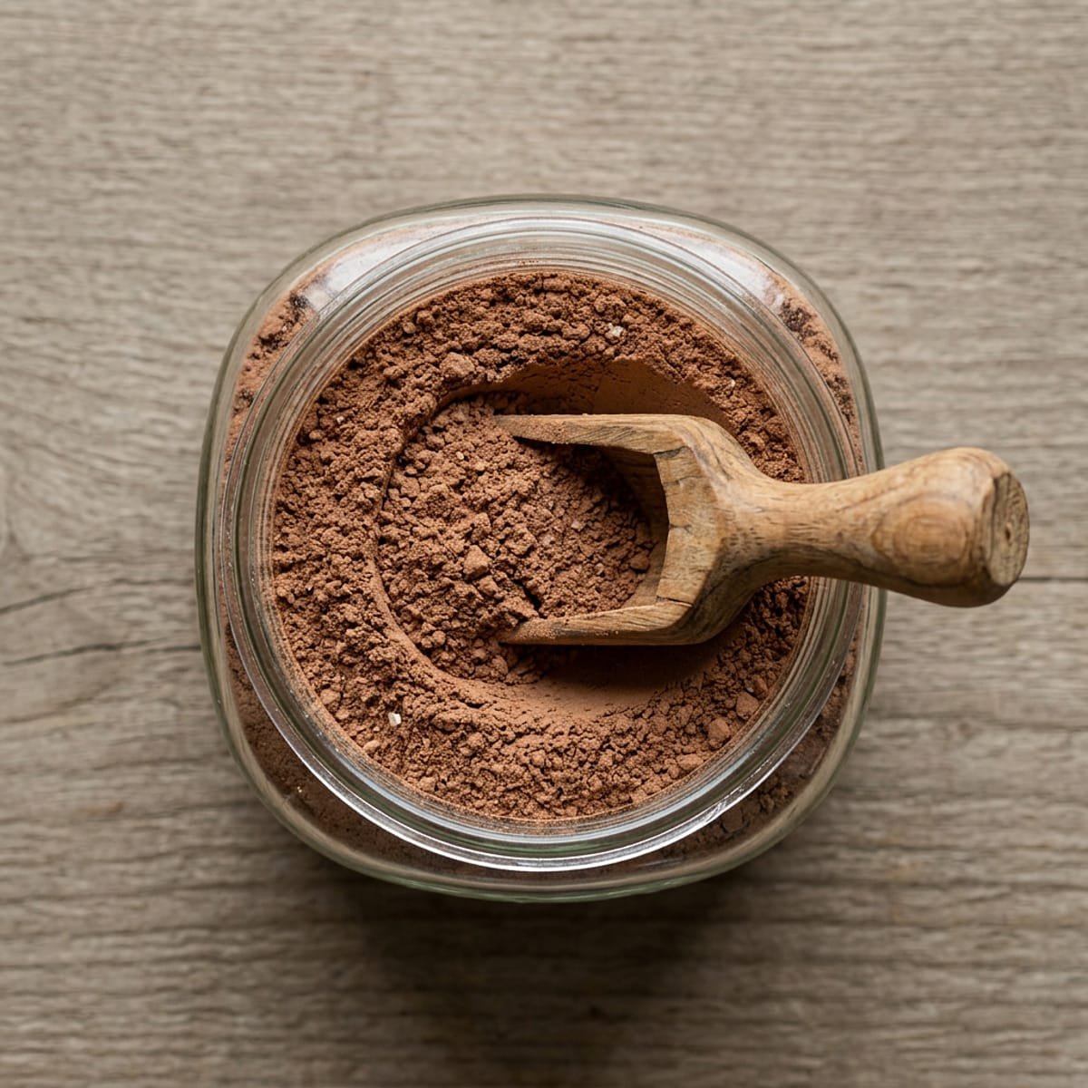Jar of homemade cocoa mix with a scoop