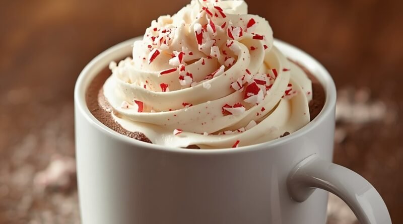 Close-up of hot chocolate topped with whipped cream and crushed candy cane