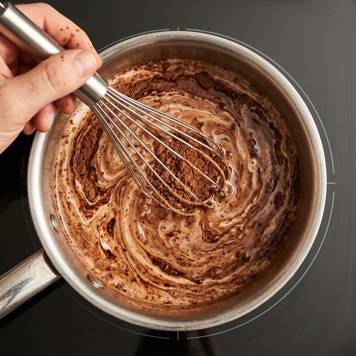Chocolate chips melting into hot milk in a saucepan