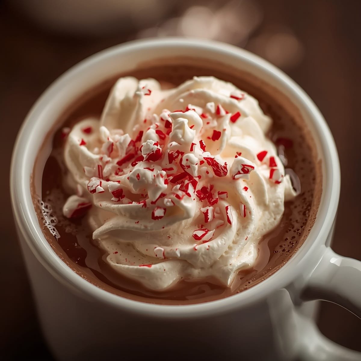 Hot chocolate recipe topped with whipped cream and crushed candy cane