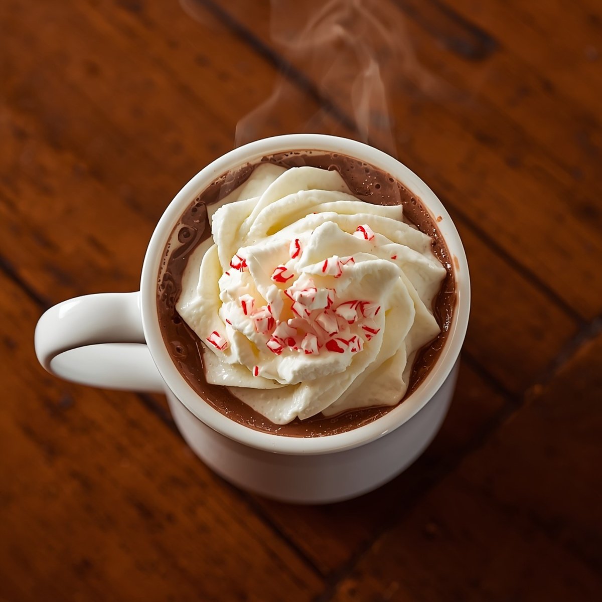 Overhead shot of hot chocolate topped with whipped cream and crushed candy cane