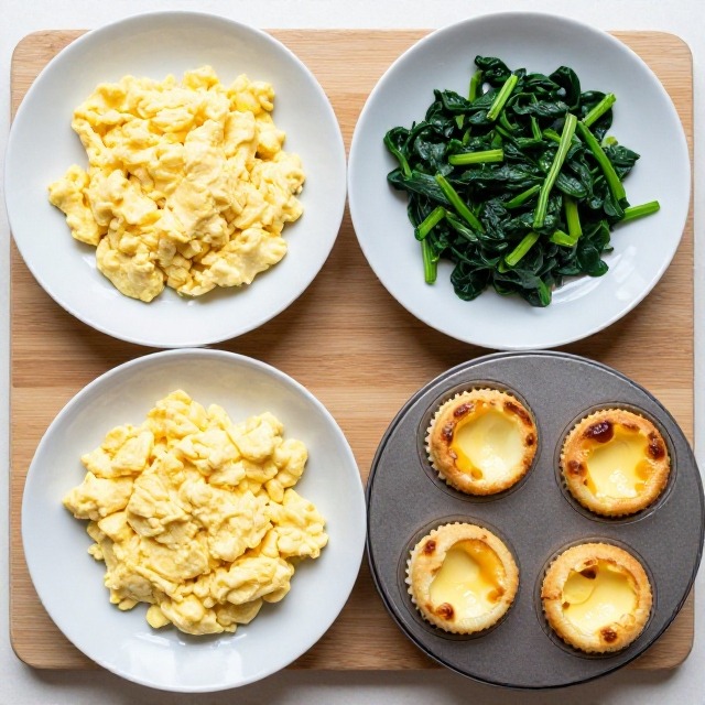 Overhead shot of three cottage cheese egg variations on a wooden board, one plain scramble, one with spinach, one baked egg bites in a muffin tin, no text, no labels, no packaging, no brand names, no background drinks or glasses of liquid