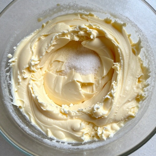 Close-up of creamed butter and sugar mixture in a glass mixing bowl, pale and fluffy texture, no text, no labels, no background drinks or glasses of liquid
