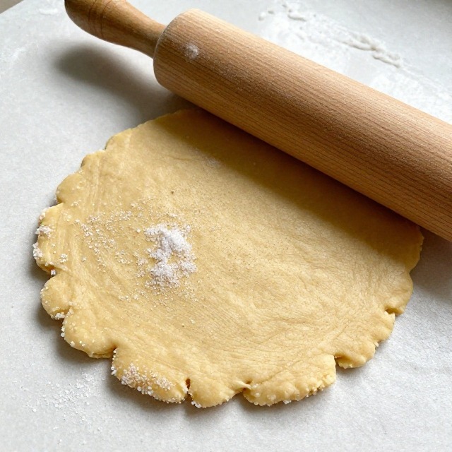 Chilled sugar cookie dough being rolled out on a floured surface with a rolling pin, no text, no labels, no background drinks or glasses of liquid
