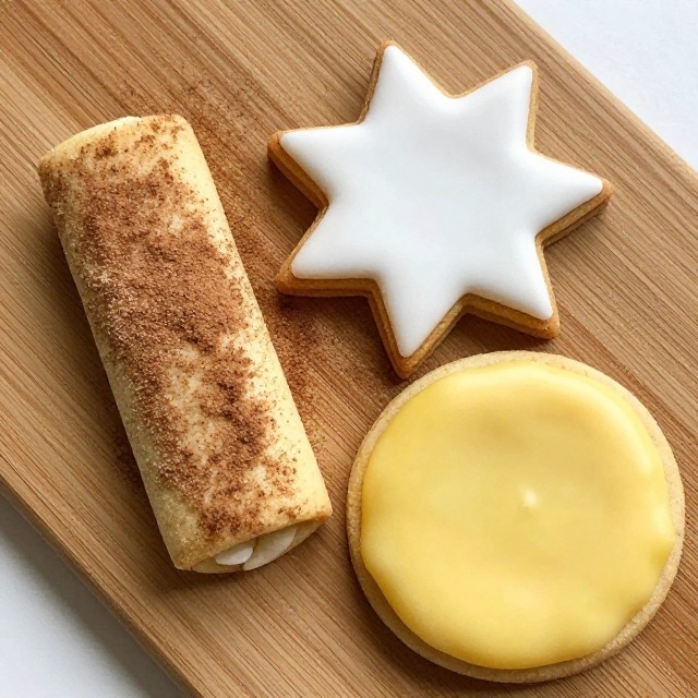 Overhead shot of three sugar cookie variations on a wooden board, one drop-style rolled in cinnamon sugar, one cut-out star shape with royal icing, one lemon glazed round, no text, no labels, no packaging, no brand names, no background drinks or glasses of liquid