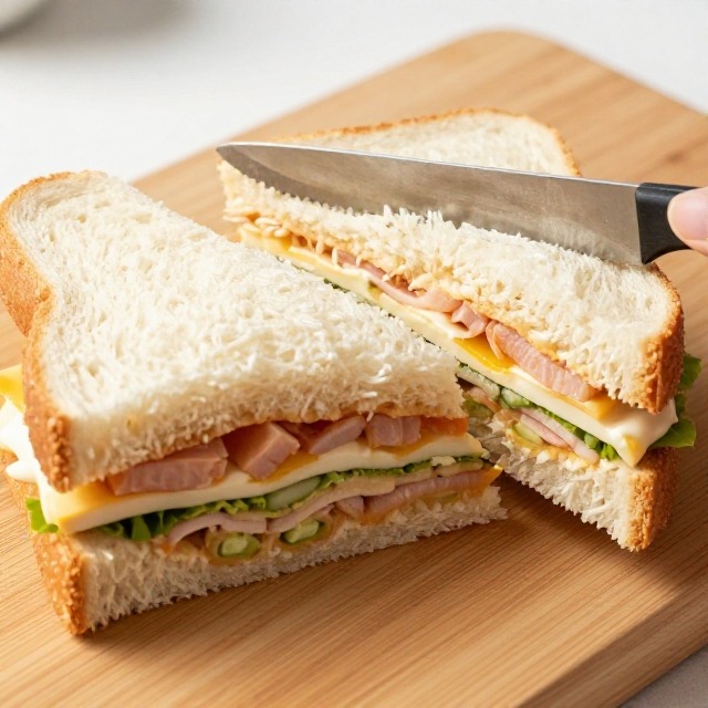 A finished sandwich being sliced diagonally with a serrated knife on a wooden cutting board, no text, no labels, no background drinks or glasses of liquid