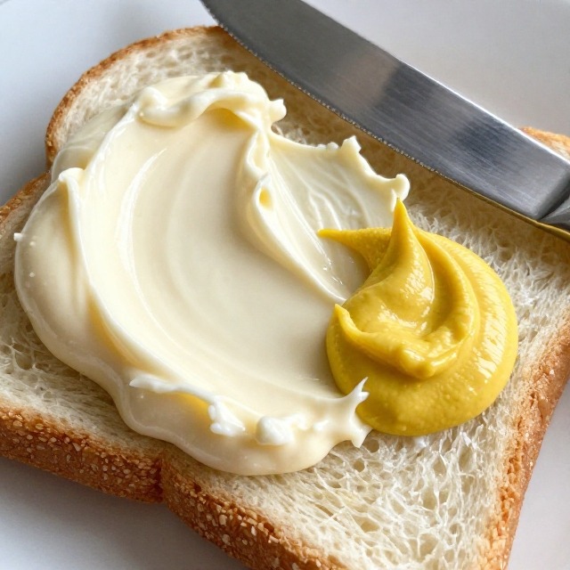Close-up of mayonnaise and mustard being spread edge to edge on a slice of bread, no text, no labels, no background drinks or glasses of liquid