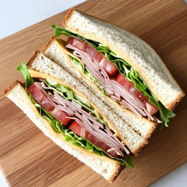 Overhead square shot of a classic deli sandwich cut diagonally on a wooden board, showing layered fillings, no text, no packaging, no brand names, no background drinks or glasses of liquid
