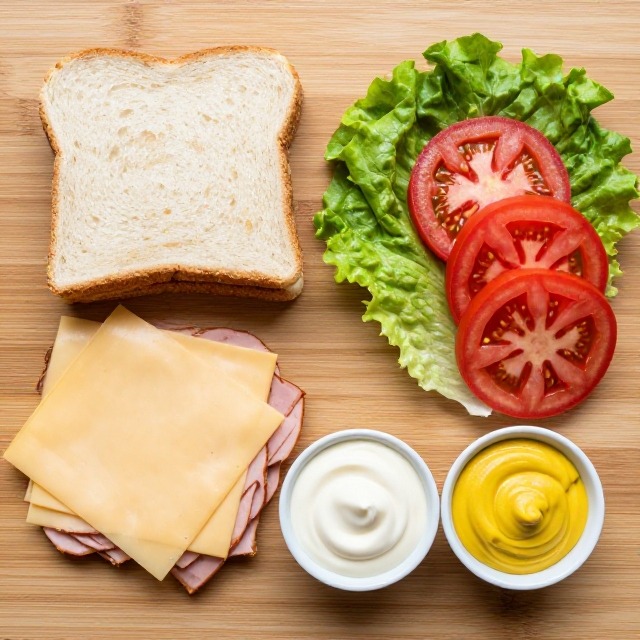 Flat lay of sandwich ingredients in individual bowls and plates on a light wooden surface, overhead angle, no text, no labels, no packaging, no brand names, no background drinks or glasses of liquid