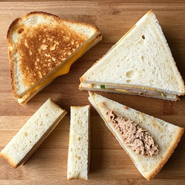 Overhead shot of five different mini sandwich variations arranged on a wooden board, including a grilled cheese half, a club sandwich triangle, a BLT half, a tea sandwich finger, and a tuna melt half, no text, no labels, no packaging, no brand names, no background drinks or glasses of liquid
