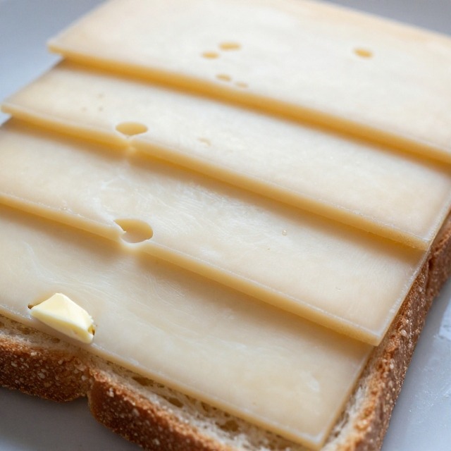 Cheese slices layered on a slice of bread with butter visible on the outer crust, no text, no labels, no background drinks or glasses of liquid
