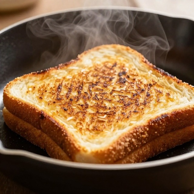 Grilled cheese sandwich cooking in a covered skillet with steam visible, no text, no labels, no background drinks or glasses of liquid