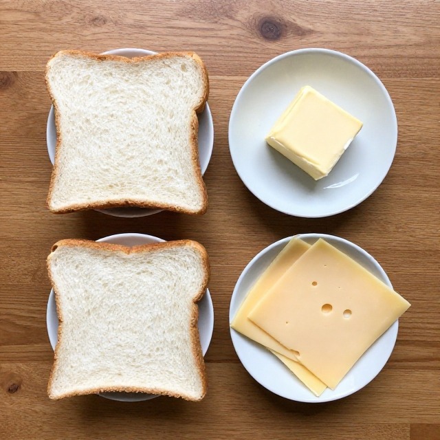 Flat lay of grilled cheese ingredients in individual bowls on a light wooden surface, overhead angle, no text, no labels, no packaging, no brand names, no background drinks or glasses of liquid